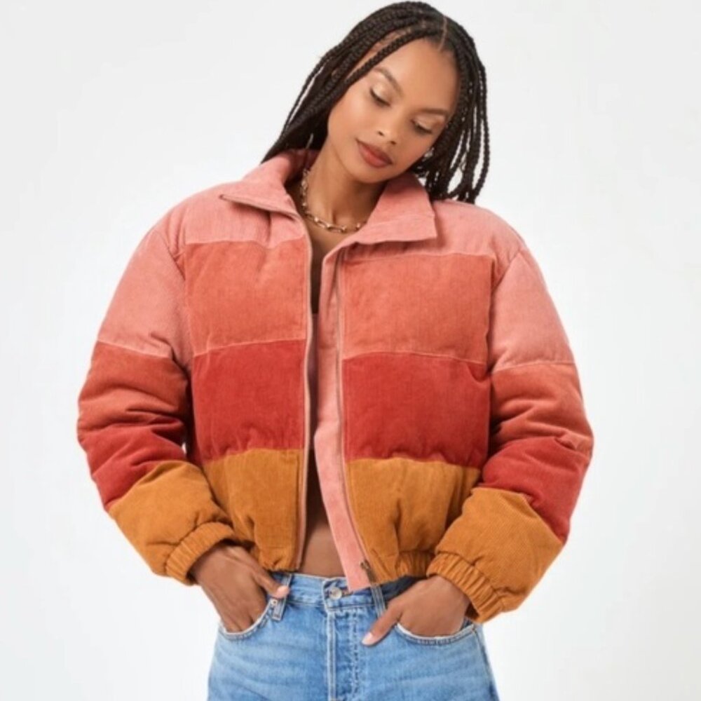 l*space Multicolor Corduroy Puffer Jacket in Pink, Rust & Mustard